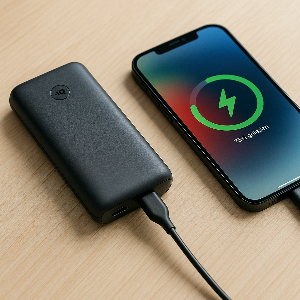 Foto einer schlanken Powerbank neben einem Smartphone